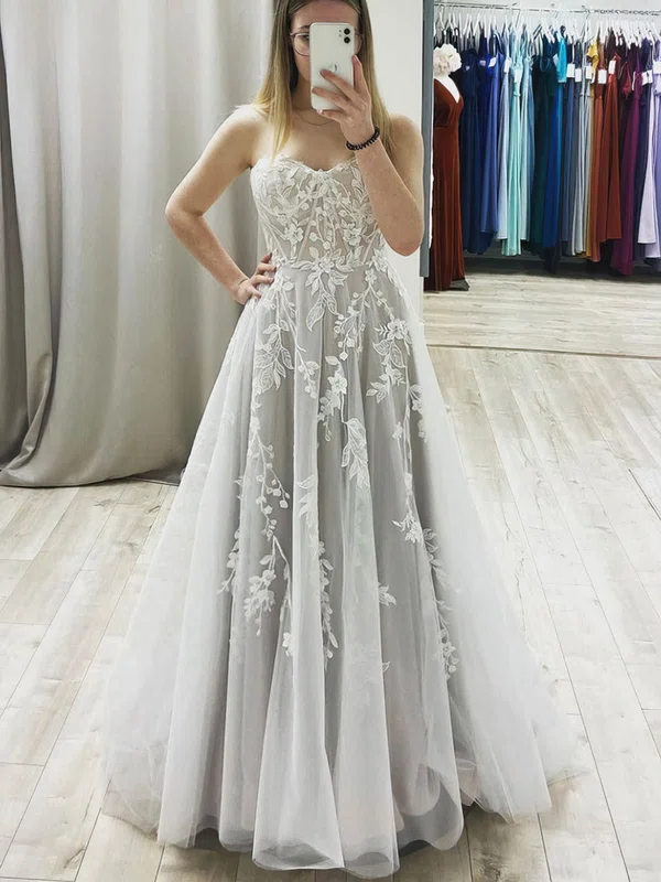 A-line Sweetheart Lace Tulle Floor-length Prom Dresses With Appliques Lace #Milly020112898