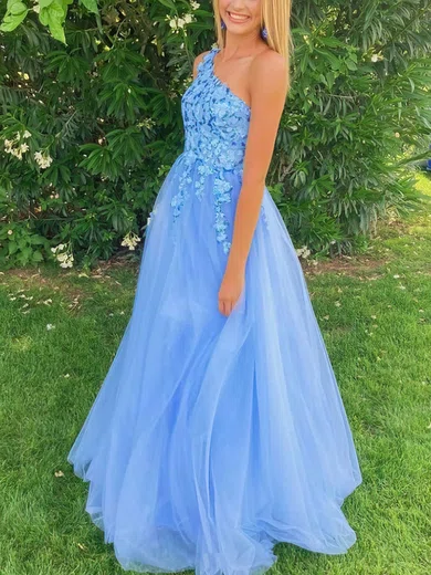 A-line One Shoulder Lace Tulle Sweep Train Prom Dresses With Appliques Lace #Milly020112900