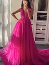 A-line V-neck Tulle Sweep Train Prom Dresses With Ruffles #Milly020112903