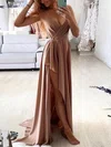 A-line Asymmetrical V-neck Silk-like Satin Ruffles Prom Dresses #Milly020112905