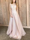 A-line V-neck Tulle Glitter Sweep Train Prom Dresses #Milly020112908
