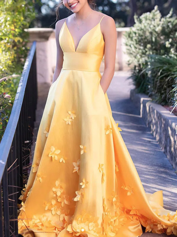 A-line V-neck Satin Sweep Train Prom Dresses With Pockets #Milly020112920