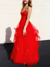 A-line V-neck Tulle Floor-length Prom Dresses With Cascading Ruffles #Milly020112926