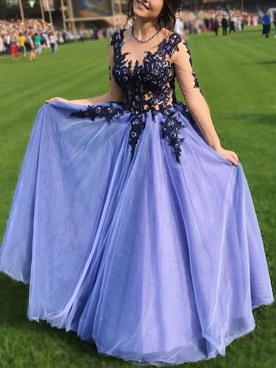 A-line Scoop Neck Lace Tulle Floor-length Prom Dresses With Appliques Lace #Milly020112931