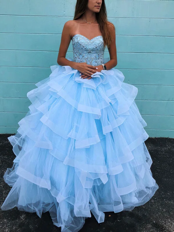 Ball Gown Sweetheart Lace Tulle Sweep Train Prom Dresses With Appliques Lace #Milly020112935