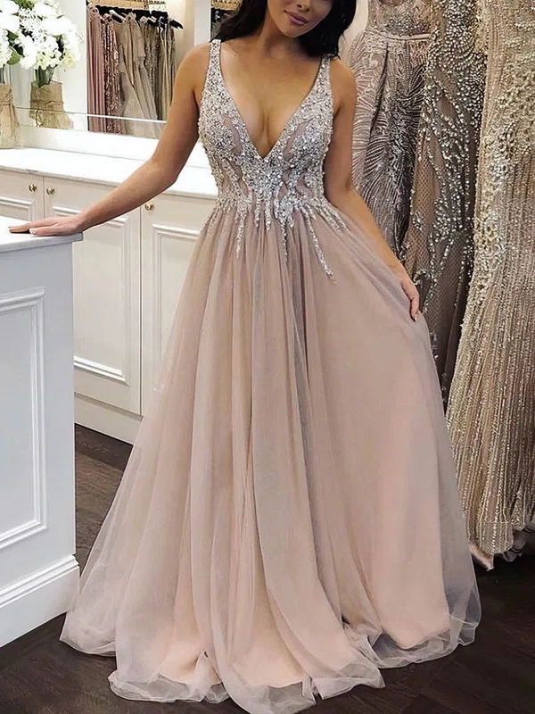 A-line V-neck Tulle Sweep Train Prom Dresses With Beading #Milly020112938