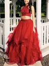 A-line High Neck Lace Tulle Sweep Train Prom Dresses With Beading #Milly020112941