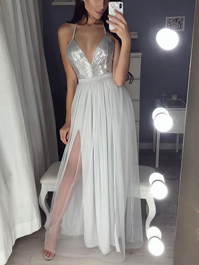 A-line Floor-length V-neck Tulle Sequined Split Front Prom Dresses #Milly020112947