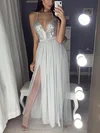 A-line V-neck Tulle Sequined Floor-length Prom Dresses With Split Front #Milly020112947