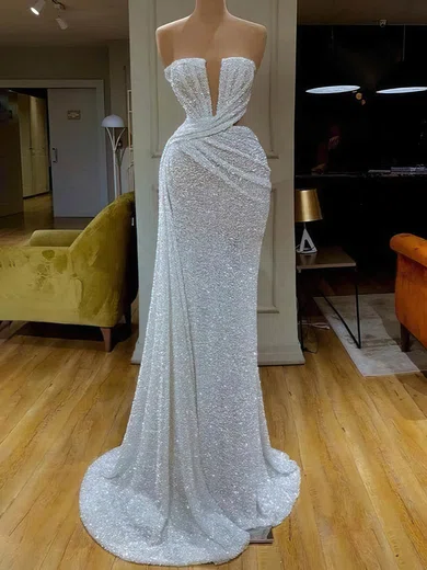 Sheath/Column Strapless Sparkly Sequin Prom Dresses With Ruched #Milly020112949