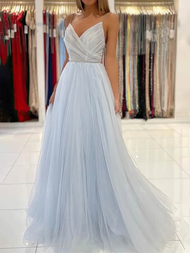 Ball Gown/Princess Sweep Train V-neck Tulle Beading Prom Dresses #Milly020112951