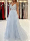 A-line V-neck Tulle Sweep Train Prom Dresses With Beading #Milly020112951