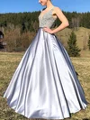 A-line V-neck Satin Sequined Sweep Train Prom Dresses #Milly020112954
