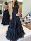 A-line Scoop Neck Tulle Glitter Floor-length Prom Dresses #Milly020112955