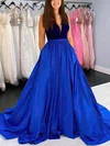 A-line V-neck Satin Velvet Sweep Train Prom Dresses With Pockets #Milly020112956