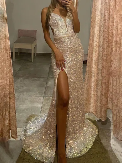 Sheath/Column V-neck Sequined Sweep Train Prom Dresses With Split Front #Milly020112957