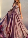 A-line V-neck Shimmer Crepe Sweep Train Prom Dresses #Milly020112959