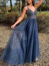 A-line V-neck Tulle Glitter Floor-length Prom Dresses With Beading #Milly020112960