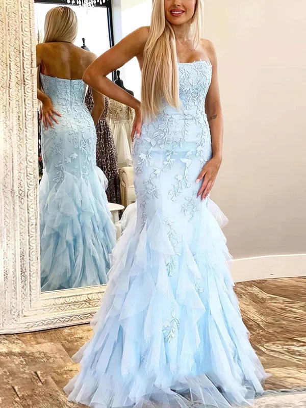 Trumpet/Mermaid Strapless Tulle Sweep Train Prom Dresses With Appliques Lace #Milly020112961
