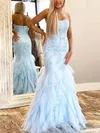 Trumpet/Mermaid Strapless Tulle Sweep Train Prom Dresses With Appliques Lace #Milly020112961