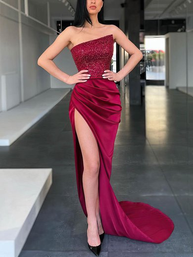 Sheath/Column Straight Sequined Silk-like Satin Sweep Train Prom Dresses With Split Front S020112966