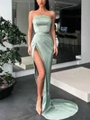 Sheath/Column Strapless Silk-like Satin Sweep Train Prom Dresses With Split Front #Milly020112967