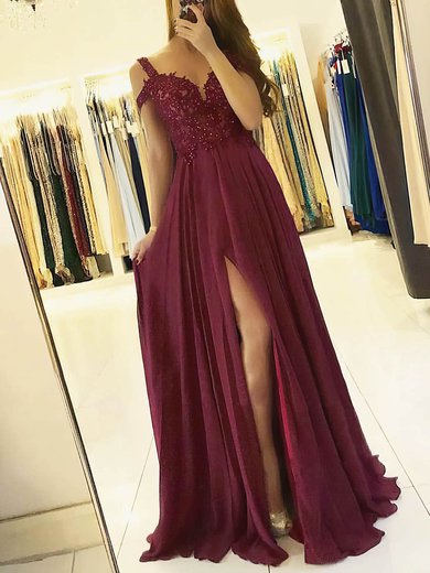A-line Floor-length V-neck Chiffon Cap Sleeves Appliques Lace Prom Dresses #Milly020112970