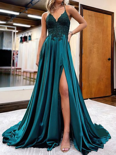 A-line V-neck Satin Prom Dresses With Appliques #Milly020112979