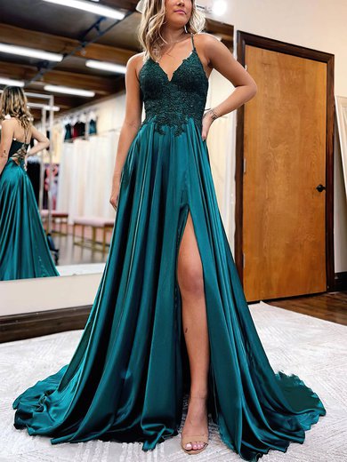 A-line V-neck Silk-like Satin Sweep Train Prom Dresses With Appliques Lace S020112979