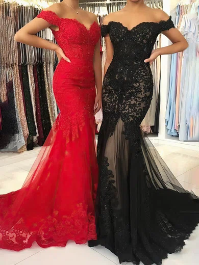 Mermaid Off-the-shoulder Tulle Prom Dresses With Appliques #Milly020112983