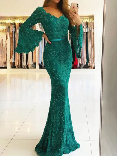Mermaid V-neck Lace Long Sleeves Beaded Prom Dresses #Milly020112985