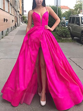 A-line V-neck Satin Sweep Train Split Front Prom Dresses - millybridal.org