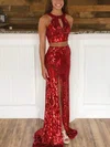 Sheath/Column Sweep Train Scoop Neck Sequined Split Front Prom Dresses #Milly020112989