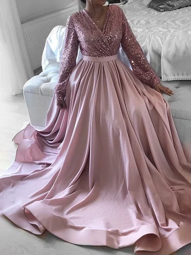 A-line V-neck Satin Sequined Sweep Train Prom Dresses #Milly020112993