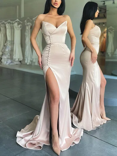 Mermaid Strapless Satin Prom Dresses With Split #Milly020112994