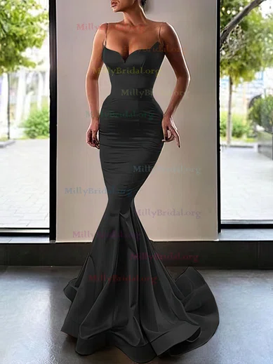 Trumpet Mermaid V neck Satin Sweep Train Prom Dresses With Bow millybridal