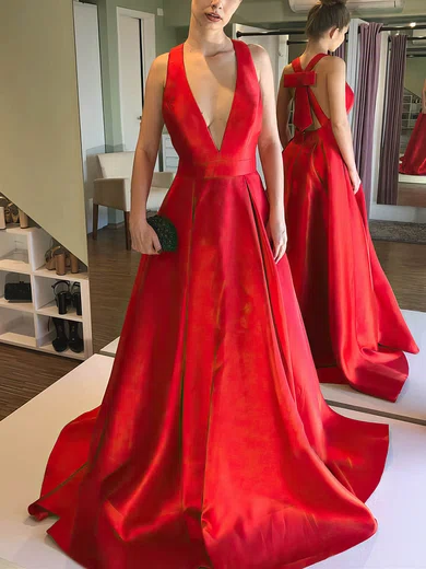 Ball Gown/Princess Sweep Train V-neck Satin Bow Prom Dresses #Milly020112998