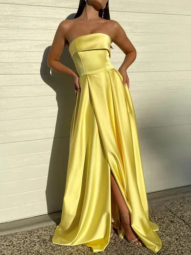 A-line Strapless Satin Prom Dresses With Ruched #Milly020113005