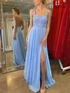 A-line Square Neckline Lace Chiffon Floor-length Prom Dresses With Split Front #Milly020113006