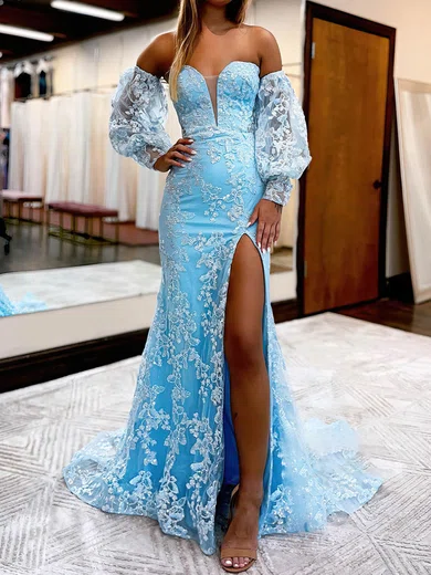 Mermaid V-neck Lace Sparkly Prom Dresses With Puff Sleeve #Milly020113017