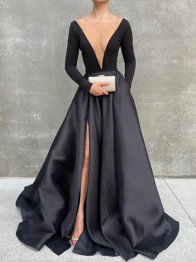 Black Ball Gown Illusion Satin Prom Dresses With Long Sleeves #Milly020113022