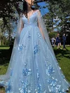A-line V-neck Tulle Sequined Sweep Train Prom Dresses With Appliques Lace #Milly020113030