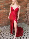 Trumpet/Mermaid V-neck Sequined Sweep Train Prom Dresses With Split Front #Milly020113031