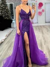 Ball Gown V-neck Velvet Sequins Organza Sweep Train Split Front Prom Dresses #Milly020113042