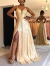 A-line V-neck Sequined Sweep Train Prom Dresses With Split Front #Milly020113059
