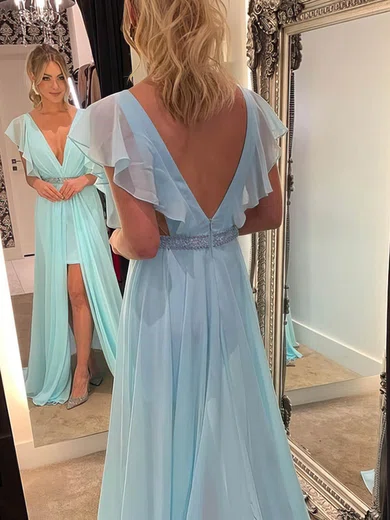 A-line V-neck Chiffon Sweep Train Prom Dresses With Split Front #Milly020113065