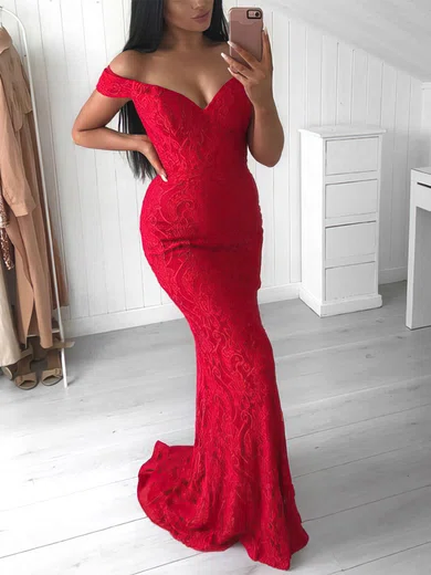 Sheath/Column Sweep Train Off-the-shoulder Lace Elegant Prom Dresses #Milly020113100