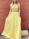 A-line Off-the-shoulder Chiffon Sweep Train Prom Dresses With Beading #Milly020113101