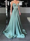 A-line V-neck Silk-like Satin Sweep Train Prom Dresses With Sashes / Ribbons #Milly020113106