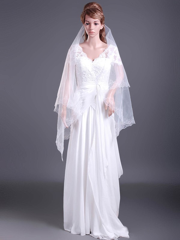 Two-tier Fingertip Wedding Veils With Lace Applique Edge - Millybridal.org